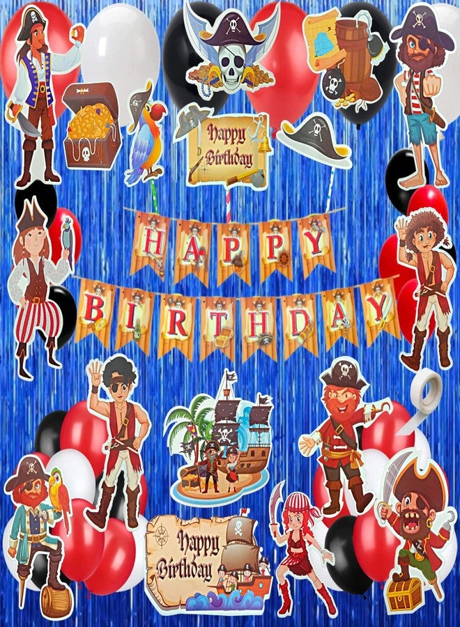 FI - FLICK IN Pirates Latex & Paper 61 pcs Pirate Theme Birthday Decoration Set Banner Props Cake Topper Cutouts Blue Foil Curtain Pirates Theme Decoration for Birthday (Pack of 61, Multicolor) - Image 1